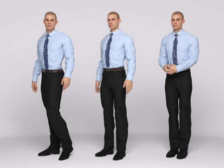3D Render : A male model is standing and wearing the business outfit, shirt, trousers with 3 different body actionの写真素材
