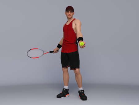 3D Render : Full body portrait of male tennis player is performing and acting in training sessionの写真素材