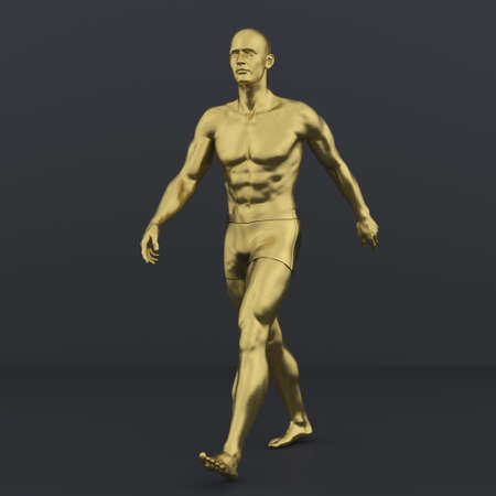 3D Render : Portrait of golden texture male character acting, posing his body with common daily...