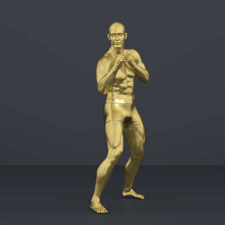 3D Render : Portrait of golden texture male character acting, posing his body with common daily gestureの写真素材
