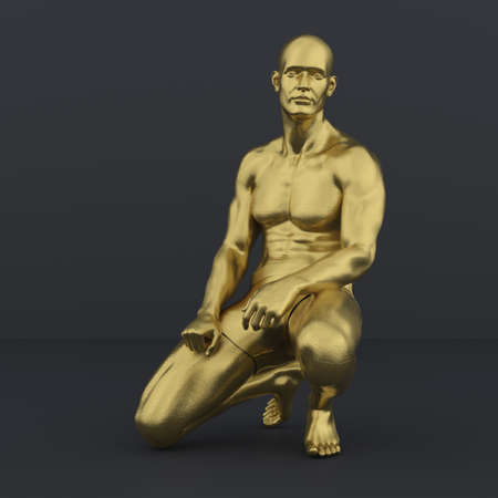 3D Render : Portrait of golden texture male character acting, posing his body with common daily gestureの写真素材