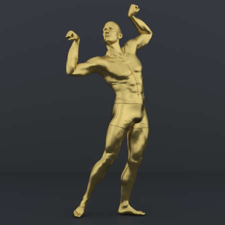 3D Render : Portrait of golden texture male character acting, posing his body with common daily gestureの写真素材