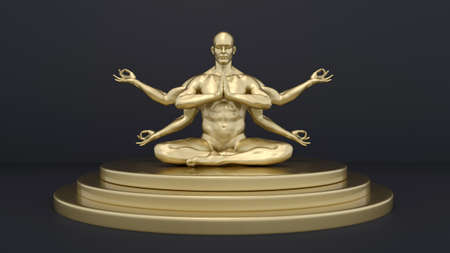 3D Render : Portrait of golden texture male character performing meditation session on the golden podiumの写真素材