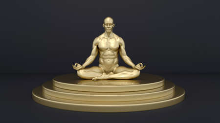 3D Render : Portrait of golden texture male character performing meditation session on the golden podiumの写真素材