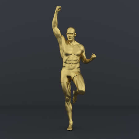 3D Render : Portrait of golden texture male character acting, posing his body with common daily gestureの写真素材