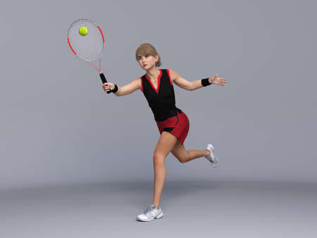 3D Render : Full body portrait of female tennis player is performing and acting in training sessionの写真素材