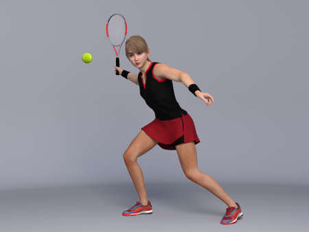 3D Render : Full body portrait of female tennis player is performing and acting in training sessionの写真素材