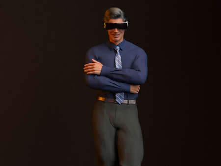 3D Render: Male character wearing Virtual Reality Headset to have an exciting experience for cyberspace technologyの写真素材