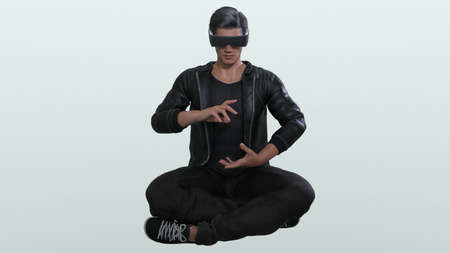 3D Render: Male character wearing Virtual Reality Headset to have an exciting experience for cyberspace technologyの写真素材