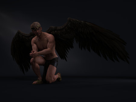 3D Render : Portrait of handsome warrior male angel with wings with the studio background, pin-up conceptの写真素材