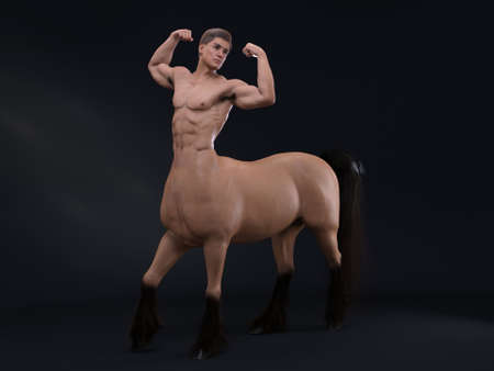 3D Rendering : A portrait of the handsome male centaur posing his body with the studio backgroundの写真素材