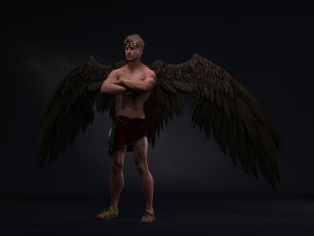 3D Render : Portrait of handsome warrior male angel with wings with the studio background, pin-up conceptの写真素材