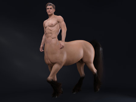 3D Rendering : A portrait of the handsome male centaur posing his body with the studio backgroundの写真素材