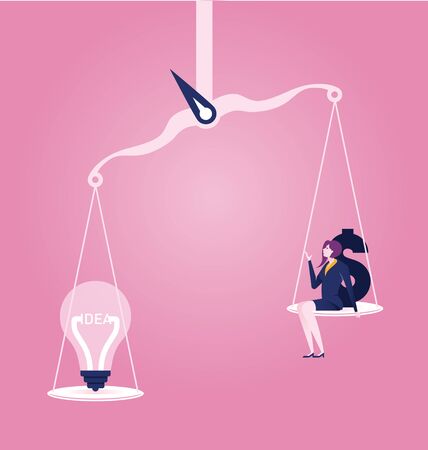Businesswoman on Scales with a Light Bulb and Money Sign - Business Choic Concept Illustrationのイラスト素材