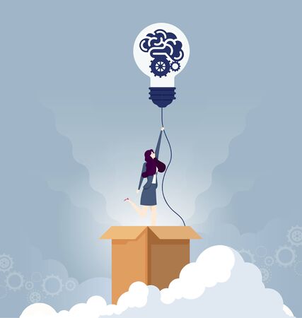 Think outside the box business concept vector with businesswoman having unieque creative idea for solution. Businessman flying with lightbulb. のイラスト素材