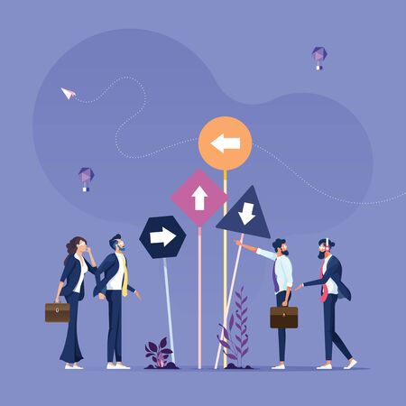 Right direction concept-Business group looks at many different directions signのイラスト素材