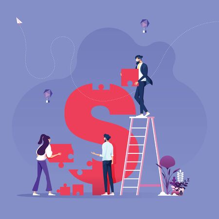 Investment success concept-Business team pushing jigsaw puzzle dollar sign to Successfulのイラスト素材