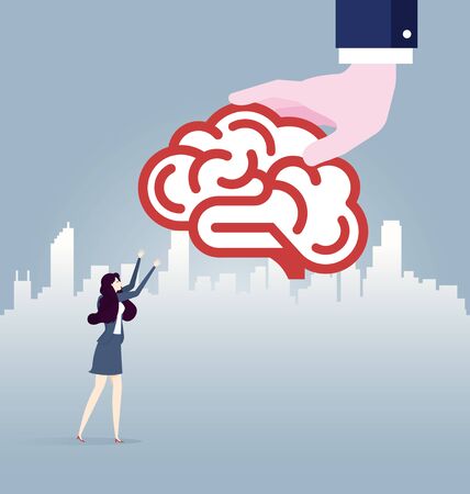 Big hand gives idea brain to businesswoman. Business concept vectorのイラスト素材