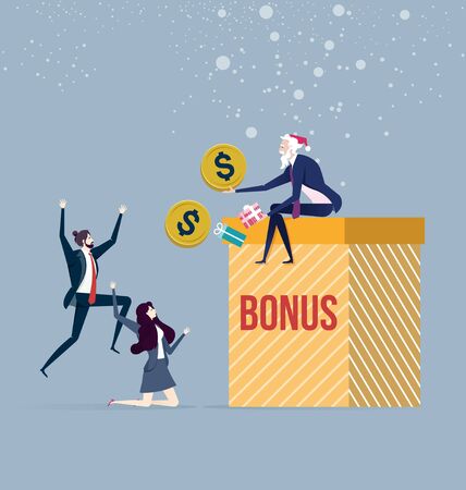 Boss santa claus holding bonus money give businessman and business woman. Christmas happy New Year's illustration conceptのイラスト素材