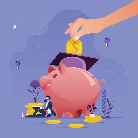 Hand put gold coin in piggy bank-Education savings and investment conceptのイラスト素材