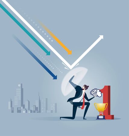 Businessman is holding a shield reflecting the attacks. Defender business metaphor. Financial security. のイラスト素材