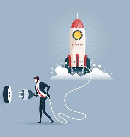 businessman plugging in a start up rocket. Start-up conceptのイラスト素材
