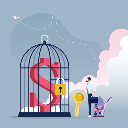 Businessman with key to unlock dollar sign in a bird cage-Business conceptのイラスト素材