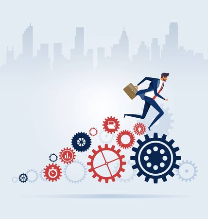 Businessman running on cogwheels. Process conceptのイラスト素材