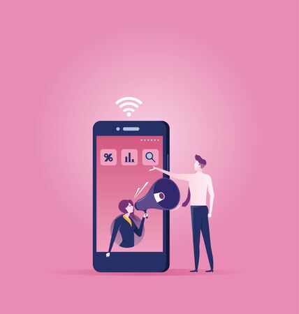 Businesswoman inside of a smart phone (mobile phone) with megaphone
のイラスト素材