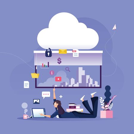 Businesswoman places data to protected cloud data storage-Business technology concept のイラスト素材