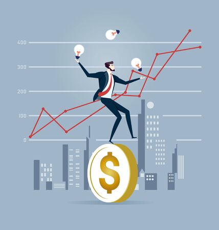 Businessman trying to stand a dollar coin on a rope. Business concept vectorのイラスト素材