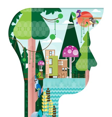 Think green concept man head and green building のイラスト素材