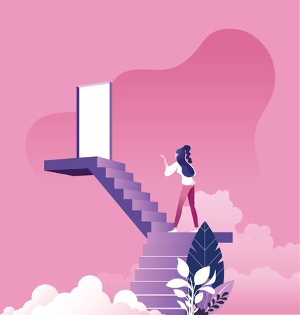 Businesswoman walking up staircase to door in sky のイラスト素材