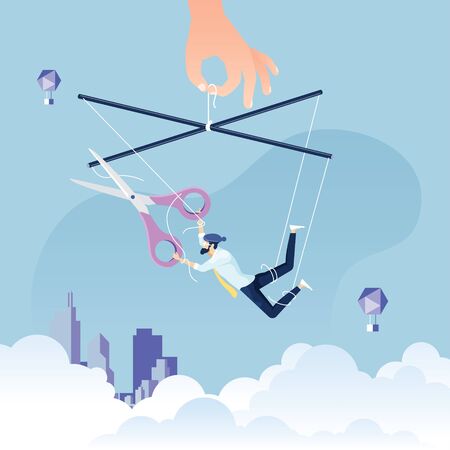 Escaping a controlling - Businessman as a puppet on a string cuts himself away from manipulative control to freedomのイラスト素材
