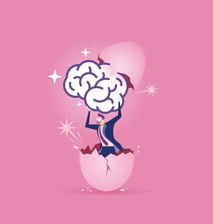 Businessman holding a brain and breaking out of a giant egg shellのイラスト素材