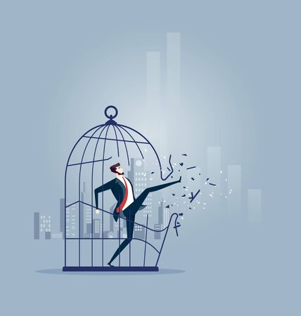 Businessman breaking out the large birdcage - Business concept vectorのイラスト素材