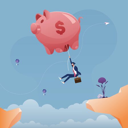 Businessman hanging on a large piggy bank balloon across the cliff-Business saving conceptのイラスト素材