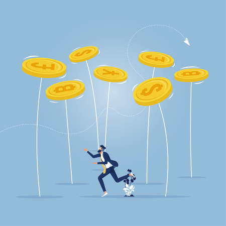 Businessman trying to balance a number of coin spinning-Financial Balance conceptのイラスト素材