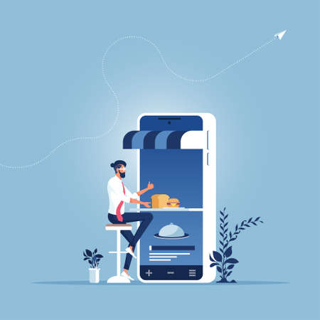 Online food delivery-Businessman uses application for order food on mobile applicationのイラスト素材