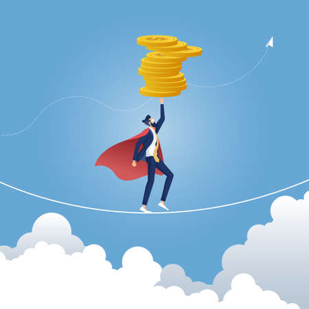 Businessman walking with dollar coin on rope, modern flat Vector illustrationのイラスト素材