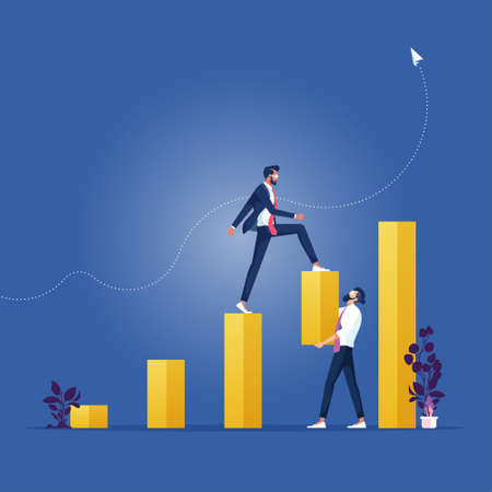 Businessman helping each other. Business man holding the bridge while another businessman crossing...