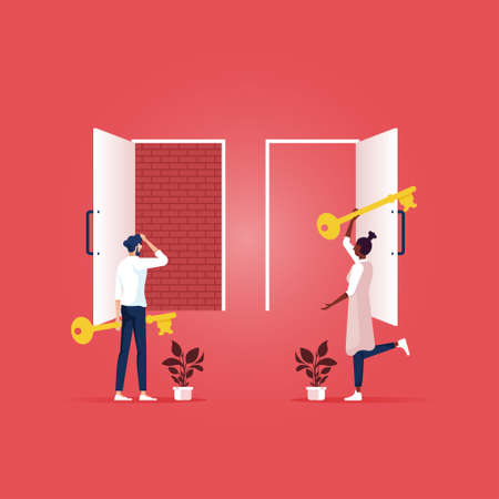 Businessman and woman with big key standing in front of doors with keyholes. Chooses the right path to successのイラスト素材