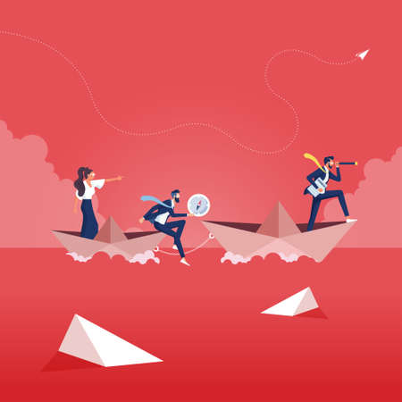 Businessman with monocular on paper boat as a symbol of business leadership. Visionary leading team,...