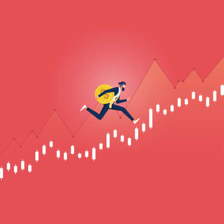 Businessman running up arrow which is growing in revenue and profits of companyのイラスト素材