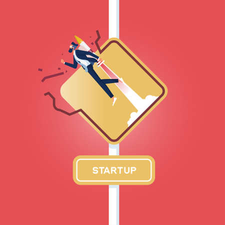Sign of entrepreneur launching, Startup wording on road sign, Businessman with rocket breakthrough the road signのイラスト素材