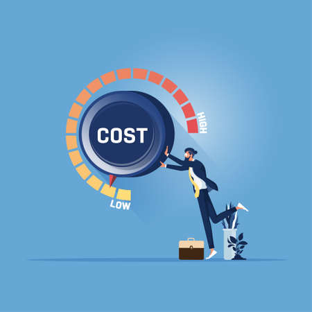 Businessman hand turn cost dial to low position. Cost reduction management concept.のイラスト素材