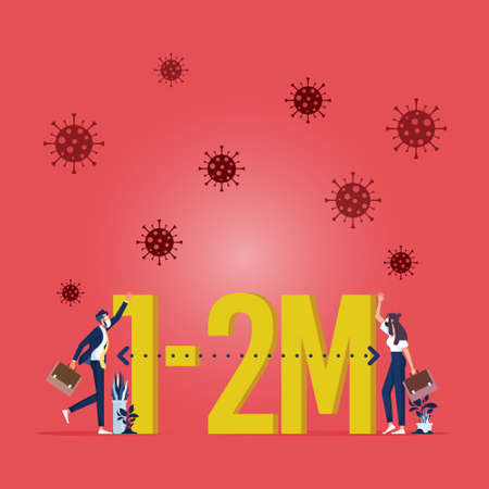 Vector illustration of two businessmen practicing physical or social distancing due covid-19...