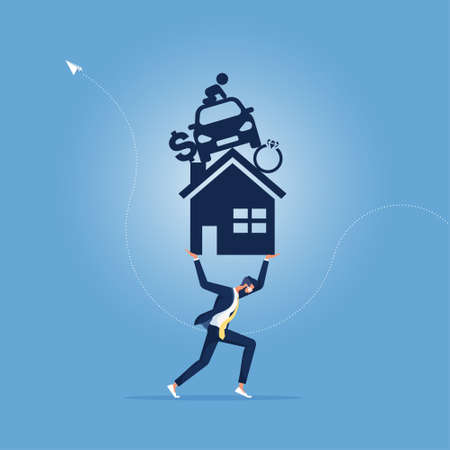 Businessman carry with a lot of stuff on his shoulder, representing to paying house, car, including supporting family etc.のイラスト素材