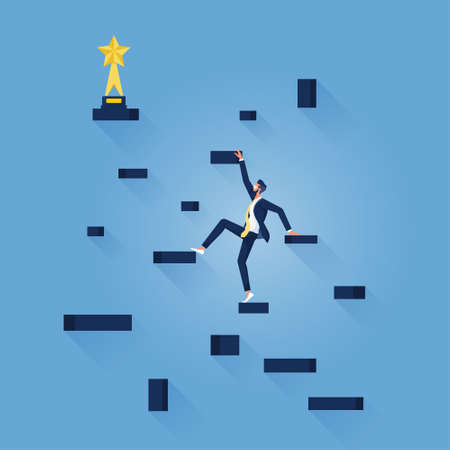 Businessman climbing up Steps to take the trophy, Business progress and success conceptのイラスト素材