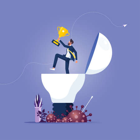 Success businessman leader  jumping in a big lightbulb idea, Startup and success in Coronavirus financial crisisのイラスト素材
